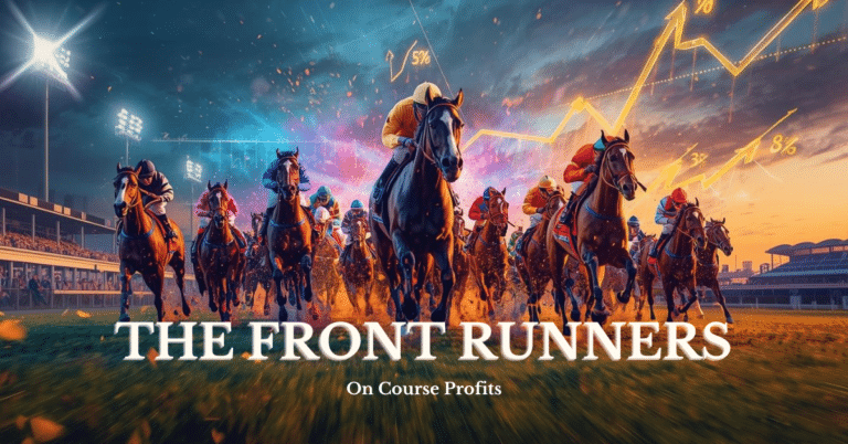 A dynamic, high-energy cinematic horse racing scene unfolds at dusk, with powerful racehorses powerfully surging forward from the main pack under bright floodlights. The image bursts with vivid, saturated colors – electric blues, fiery oranges, deep purples, and striking gold highlights. Dramatic motion blur and airborne turf particles emphasize the immense speed and intensity of the race. Integrated seamlessly into the scene are glowing financial graphics, including upward-trending profit arrows, percentage gains, and leaderboard-style numbers, all contributing to a modern digital sports-analytics aesthetic. The overall atmosphere is intensely competitive, dramatic, and high-stakes, characterized by strong contrast, sharp lighting, and a premium, eye-catching finish, with ample clear space reserved for bold headline text.
