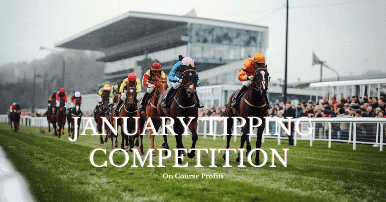 Image shows horses racing on turf on a winters day with the text overlay January Tipping Competition.
