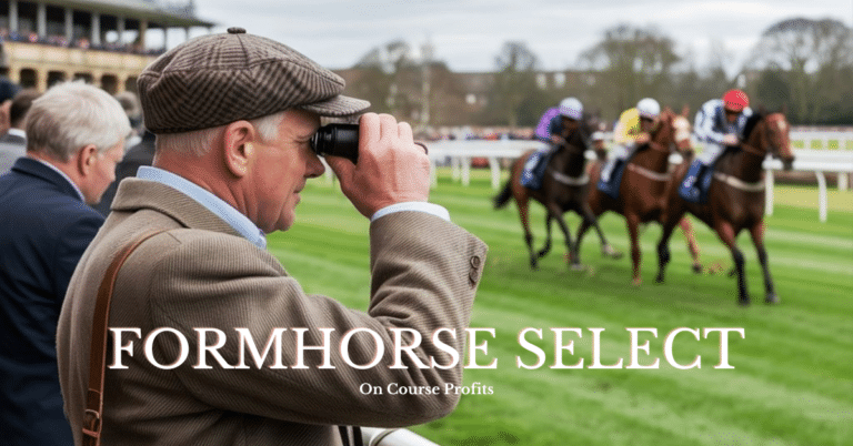 Image shows tipster at the racecourse watching the race using binoculars.