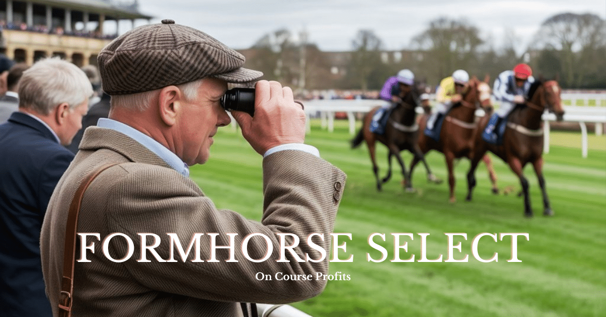 Image shows tipster at the racecourse watching the race using binoculars.