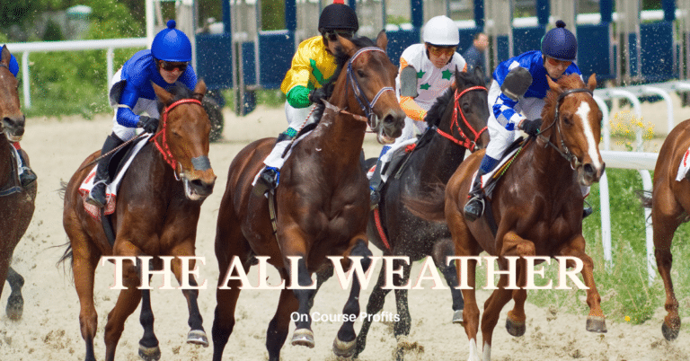 Image shows four horses racing on the all weather with the racing stalls being seen behind.