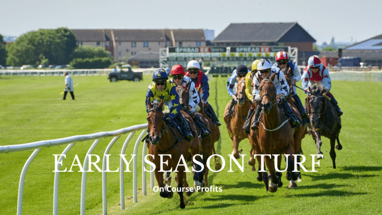 Eight horses racing on the UK turf running around the final ben in the track.