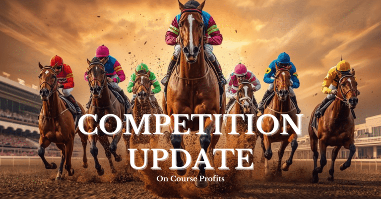 A dramatic, high-energy horse racing scene at full gallop, captured from a low-angle perspective near the track. Three powerful thoroughbred racehorses are charging toward the viewer, muscles defined, dirt and turf flying behind them. The leading horse is slightly ahead, nostrils flared, mane flowing in motion blur. Jockeys in vibrant racing silks (bright red, electric blue, and gold) lean forward intensely.
