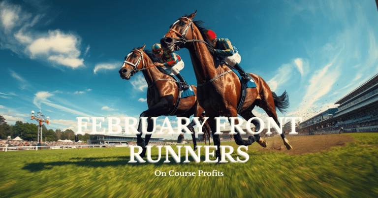 Racehorses galloping at full speed on a green turf track under a blue sky.