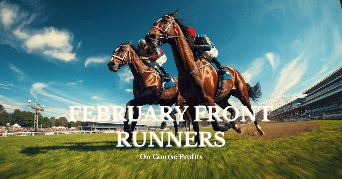 Racehorses galloping at full speed on a green turf track under a blue sky.