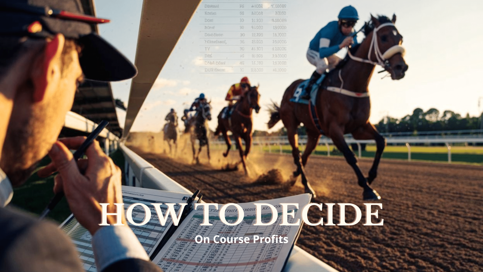 Image shows a man studying a form guide with horses racing past on the all weather. There is a text overlay of How to Decide with www.oncourseprofits.com written underneath.