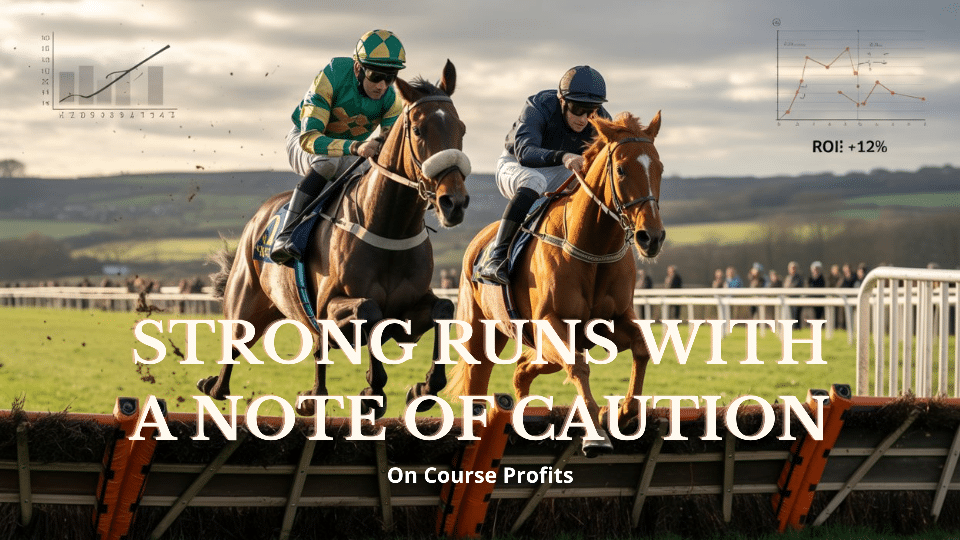 A dramatic horse racing scene showing two leading horses jumping a hurdle at a UK jumps track under cloudy skies, with subtle betting data graphics in the background, representing strong returns alongside the risks of low strike rates.