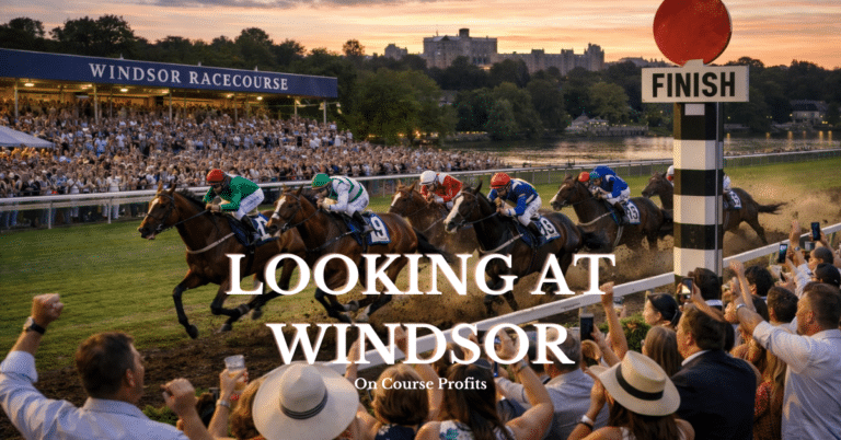 Image shows a turf flat race at Windsor racecourse with spectators looking on and cheering. There is a text overlay of Looking At Windsor and www.oncourseprofits.com