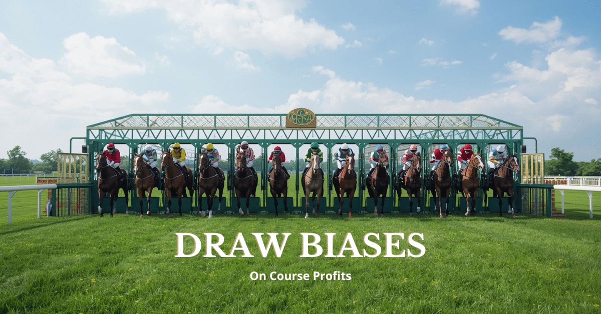 Image shows horses breaking from the stalls on a flat turf racecourse.