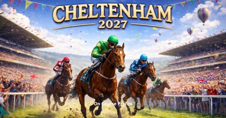 A vibrant, landscape promotional poster for “Cheltenham 2027” shows three racehorses galloping at full speed toward the viewer on a lush green track. Their jockeys wear colorful silks—green, blue, and red—leaning forward in intense focus. A large, cheering crowd fills grandstands on both sides, waving flags as confetti rains through the air. Above the scene, bold gold lettering reads “CHELTENHAM 2027,” framed by festive bunting and hot air balloons floating in a bright blue sky with scattered clouds.