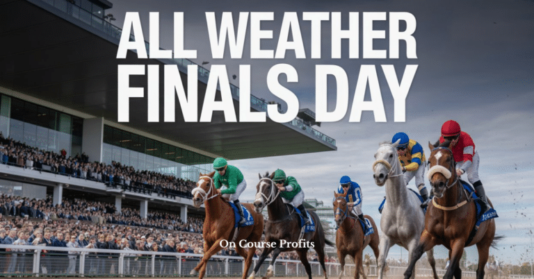 A horse racing image showing horses breaking from the stalls in an all weather race in the UK. There is a text overlay of "All Weather Finals Day"