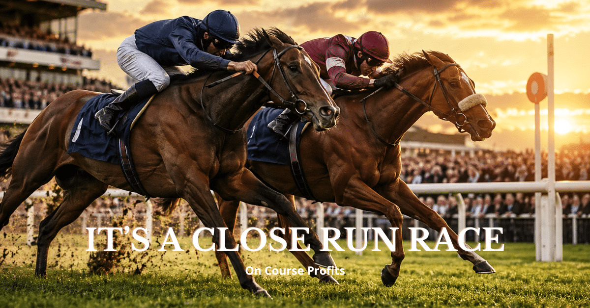 Two racehorses run neck and neck in the closing stages of a race at sunset, with jockeys urging them forward as the crowd watches from the grandstand in the background.