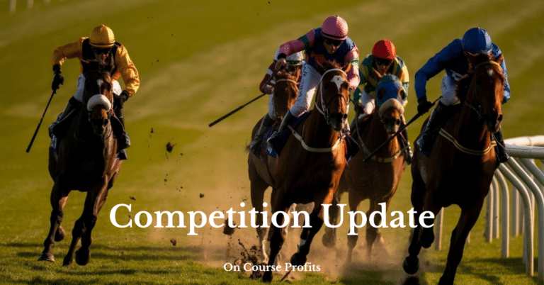 Close-up of racehorses battling for first place while racing on a turf course, dirt flying, intense action, golden sunlight, dramatic shadows, winner crossing finish line, energy and speed, vibrant colors, ultra realistic, sports magazine cover style.