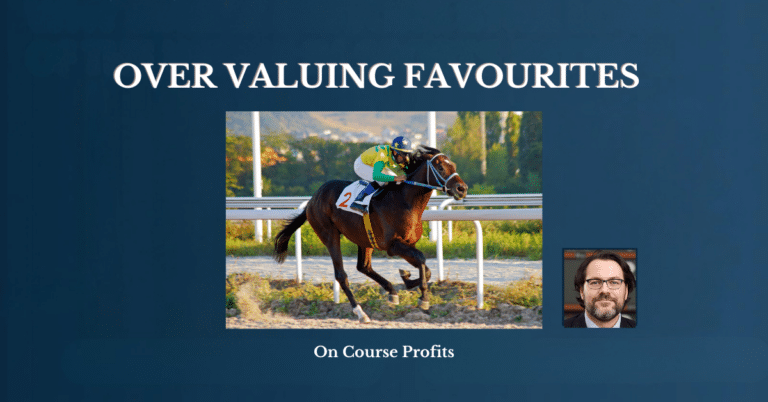Image shows a horse racing on all weather surface with text overlay of Overvaluing Favourites and www.oncourseprofits.com and a small image of a man. All is on a blue background.