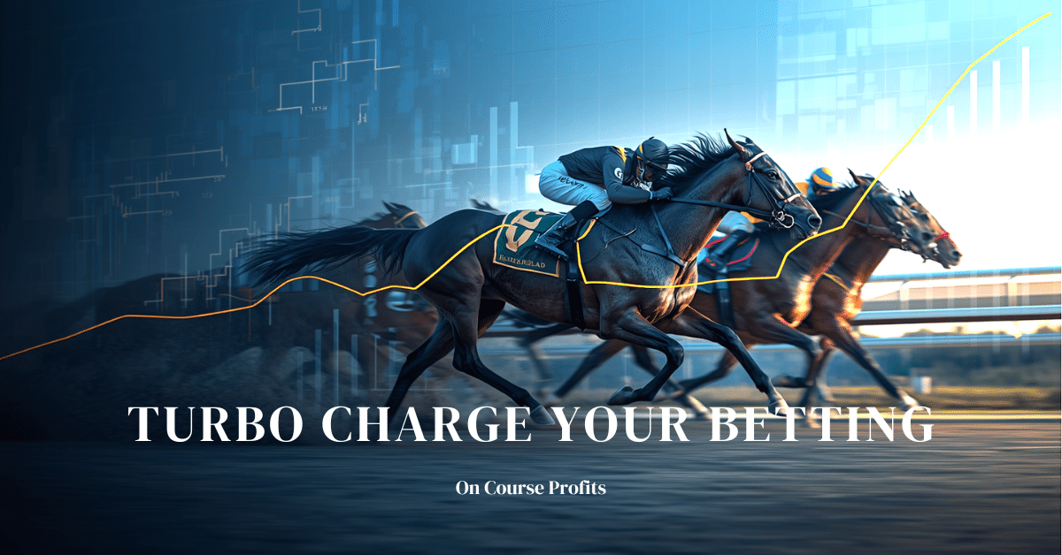 Dramatic shot of horses racing with an overlay suggesting data analaysis and statistics. There is a text overlay which says Turbo Charge your Betting