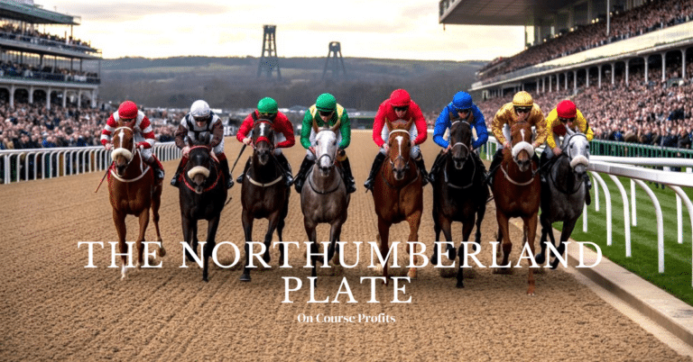 Image shows a line of racehorses racing in a sprint race on the All Weather