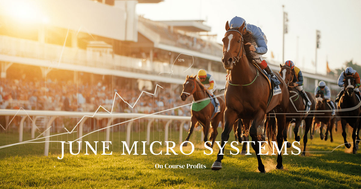 Image shows a summer evenings racing on the flat turf with the text overlay June Micro Systems and www.oncourseprofits.com