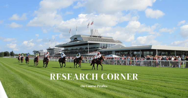 Image shows a summer day at a turf racecourse with 8 horses galloping down to the start. There is a crowd in the pbackground and text overlay of Reserach Corner and www.oncourseprofits.com