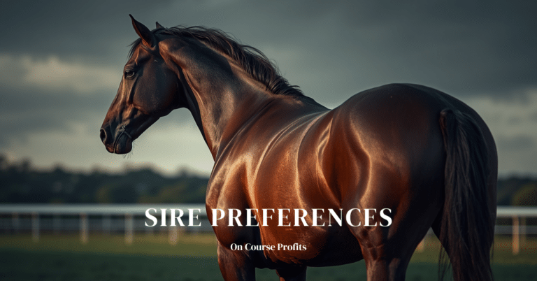 Image shows a thoroughbred stallion with the sun glinting on the muscles of the horse. There is a text overlay of Sire Preferences and www.oncourseprofits.com