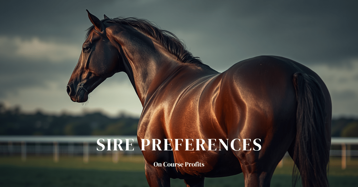 Image shows a thoroughbred stallion with the sun glinting on the muscles of the horse. There is a text overlay of Sire Preferences and www.oncourseprofits.com