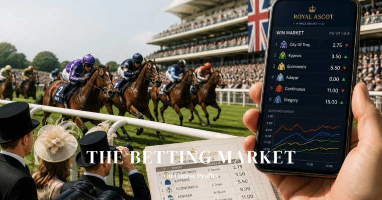 Image shows horse racing at Royal Ascot with the well dressed crowd cheering on their runners. In the foreground there is a mobile showing betting odds.
