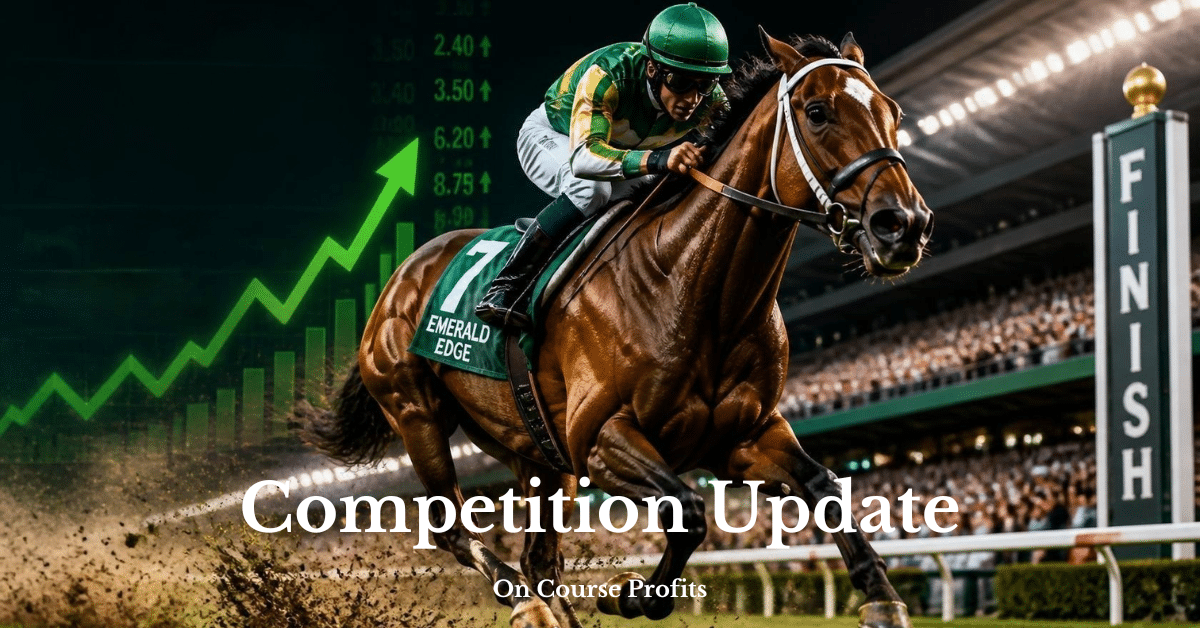 A dynamic horse racing competition graphic showing a jockey in green silks riding a racehorse at full speed towards the finish line under stadium lights. A bright green upward-trending profit chart appears in the background, symbolising rising ROI and betting success. Bold white text reads ‘Competition Update’ with the subtitle ‘On Course Profits’.