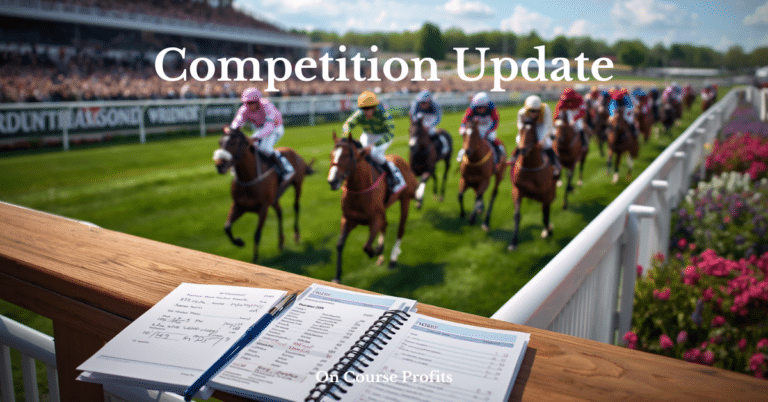 Racehorses and jockeys charge down the finishing straight at a British racecourse, while betting slips, a racecard and a notebook rest on a rail in the foreground, capturing the atmosphere of a racing tipster competition.