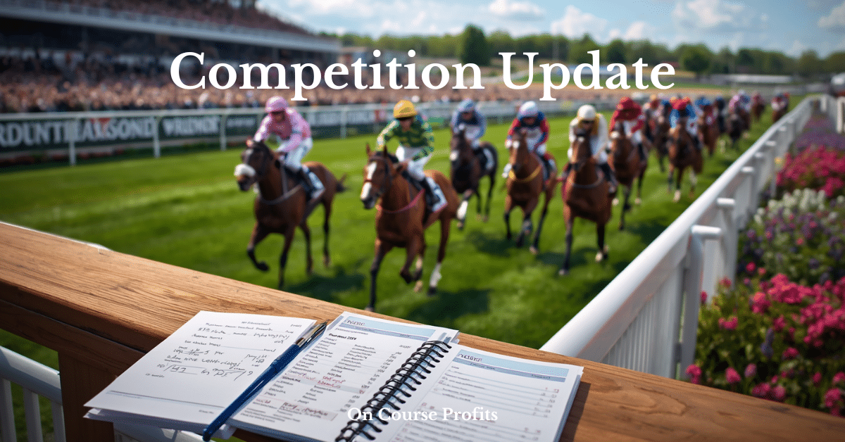 Racehorses and jockeys charge down the finishing straight at a British racecourse, while betting slips, a racecard and a notebook rest on a rail in the foreground, capturing the atmosphere of a racing tipster competition.