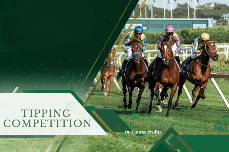 Professional horse racing competition graphic featuring galloping racehorses, leaderboard elements, gold and green colour palette, modern sports news banner style, clean composition with space for headline text