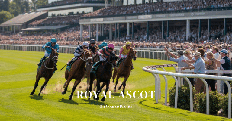 Images shows horses racing on turf rounding the final bend with the text overlay Royal Ascot and www.oncourseprofits.com