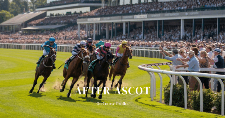 Image shows six racehorse rounding the final tunr in a sprint turf race.