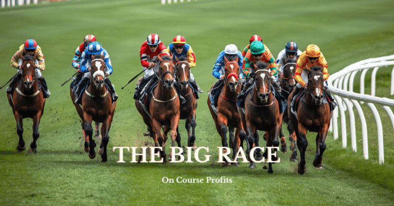 Image shows ten horses and their jockeys galloping on a turf trak