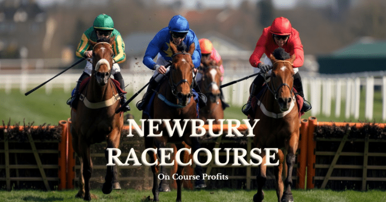 Image shows four horses racing over hurdles on the turf flat. There is a text overlay which says Newbury racecourse and www.oncourseprofits.com