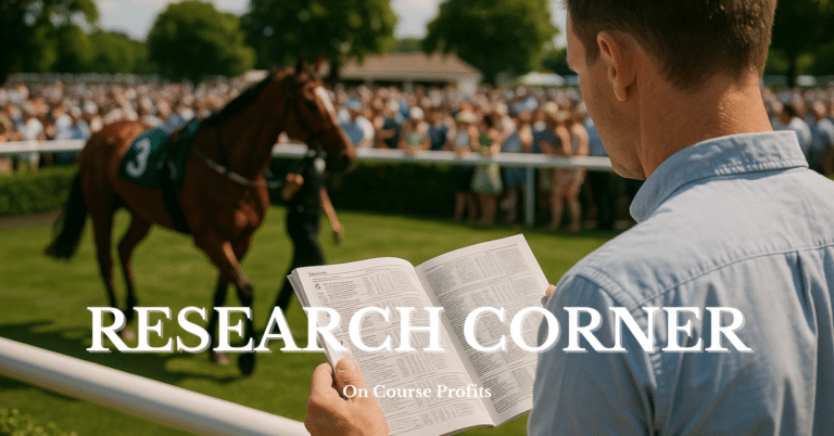 Image shows a man reading the form book while watching a horse in the parade ring.