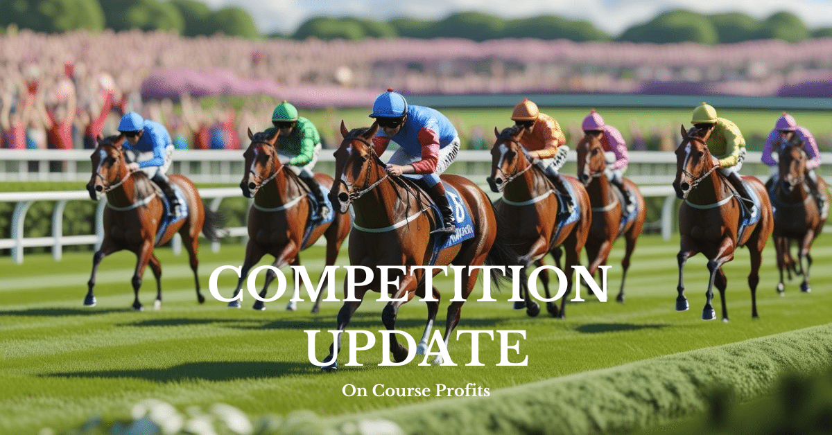 Images shows seven race horses and their jockeys competing in a turf flat race.There is a text over lay of Competition Update