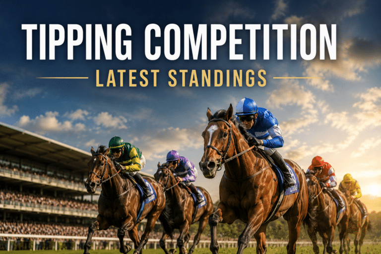 Horse racing tipping competition latest standings banner featuring racehorses and jockeys in action on a racetrack.