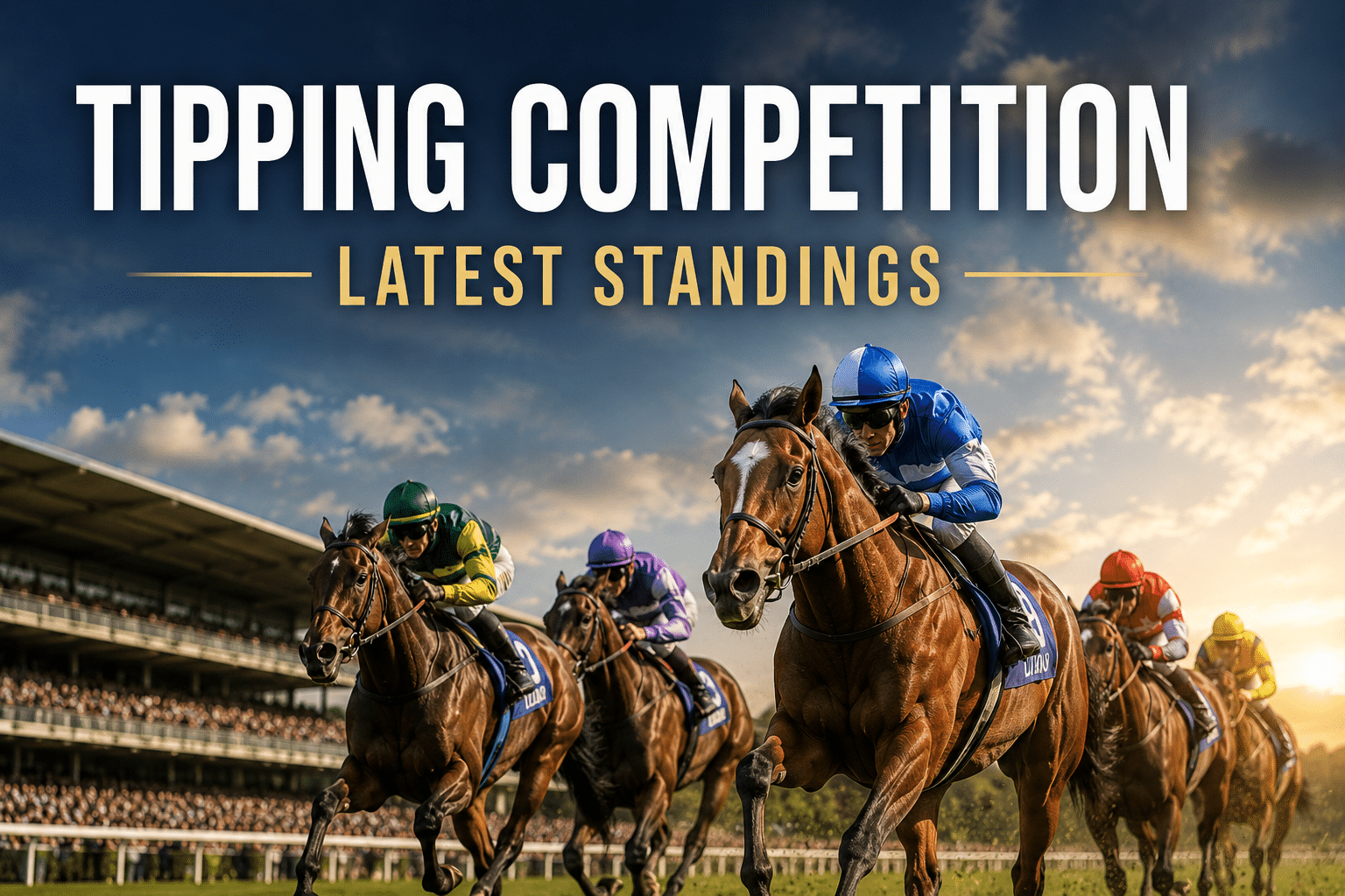 Horse racing tipping competition latest standings banner featuring racehorses and jockeys in action on a racetrack.