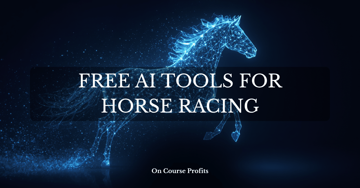 Image shows an AI generated racehorse in comupter animation with the text overlay Free AI Tools For Horse Racing