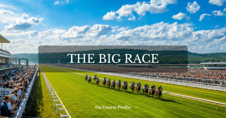 Image shows a turf horse race track in the UK with horses racing in the summer and large crowds of spectators.