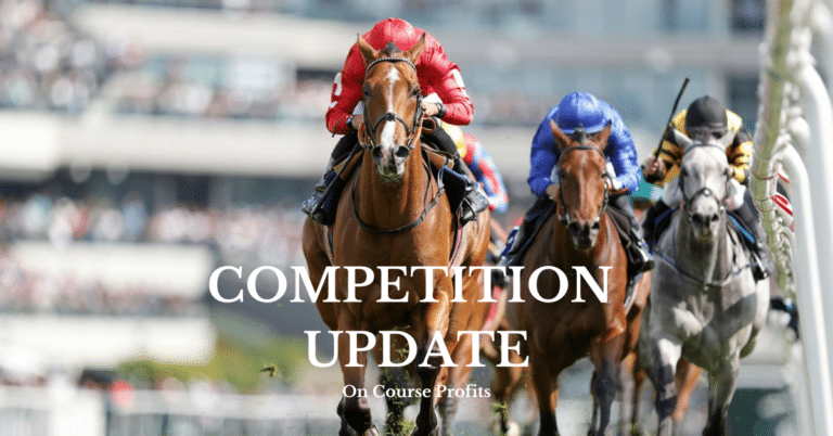 A low-angle telephoto shot of three thoroughbreds charging towards the finishing post. The leading horse is just half a length ahead. Turf flying, jockeys fully committed, bright summer sunshine. Shallow depth of field with a softly blurred grandstand.