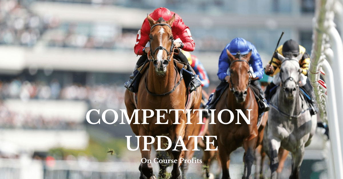 A low-angle telephoto shot of three thoroughbreds charging towards the finishing post. The leading horse is just half a length ahead. Turf flying, jockeys fully committed, bright summer sunshine. Shallow depth of field with a softly blurred grandstand.