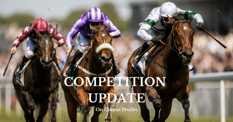 Three thoroughbred racehorses and their jockeys charge towards the finishing line at full speed on a sunny racecourse, with the leading horse just ahead as turf flies beneath their hooves.