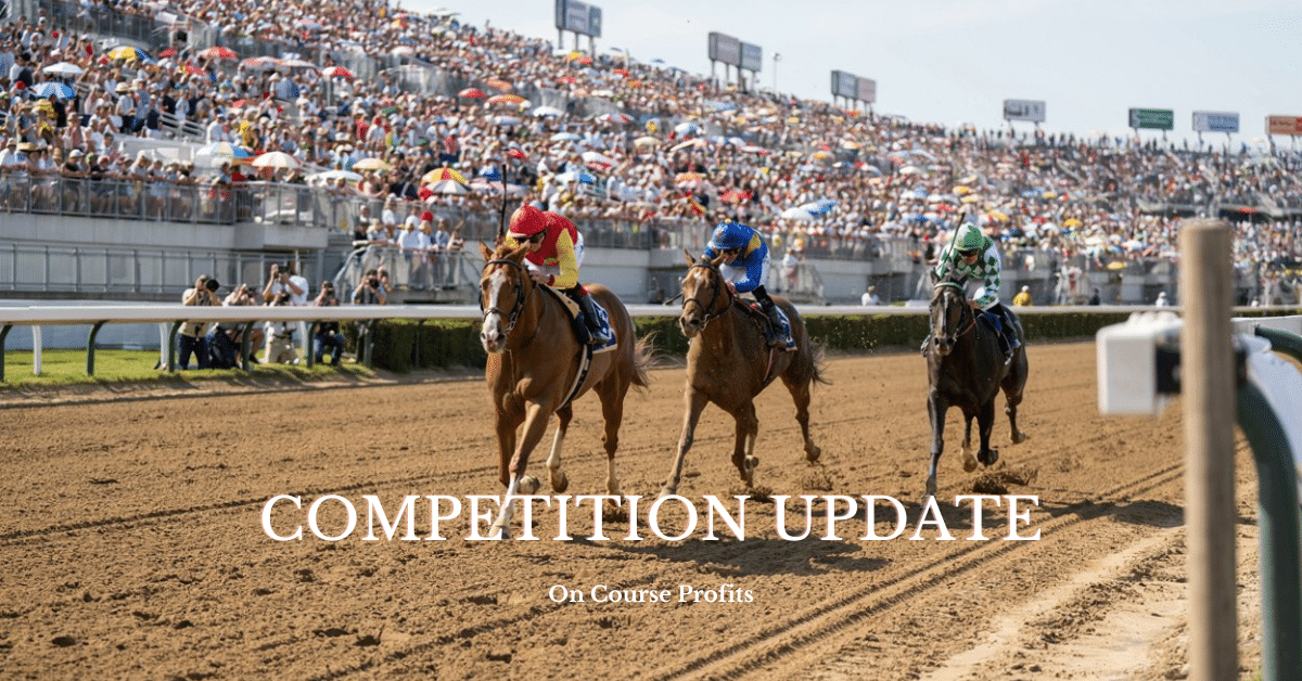 Three thoroughbreds in intense competition down the final furlong with vivid jockey silks, summer afternoon lighting, and grandstands filled with spectators.
