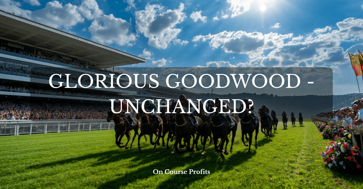 Image shows horses galloping past agrandstand at Glorious Goodwood.